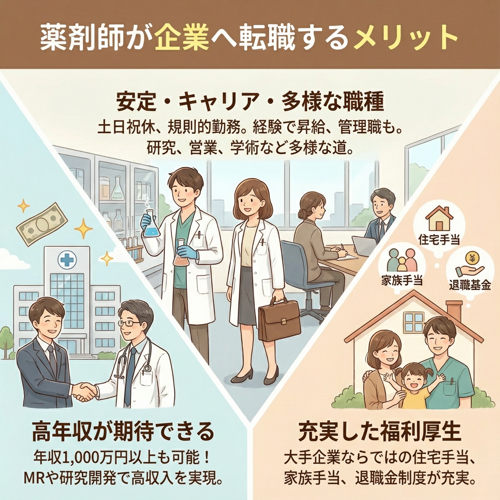 "メリット","詳細"

"高年収が期待できる","企業薬剤師の平均年収は、他の職場に比べて高い傾向にあります。 特に、営業職であるMR（医薬情報担当者）や、新薬開発に携わる研究開発職では、年収1,000万円を超えることも夢ではありません。 "

"充実した福利厚生","製薬会社の多くは大手企業であり、住宅手当や家族手当、退職金制度などの福利厚生が充実している場合が多いです。 "

"安定した勤務スタイル","一般的な会社員と同様に、土日祝日が休みで、勤務時間も規則的な場合が多いです。 "

"キャリアアップの機会","経験を積むことで昇給が期待でき、管理職への道も開かれています。 "

"多様な職種","調剤業務だけでなく、研究開発、営業、学術など、薬剤師の専門知識を活かせる多様な職種があります。 "